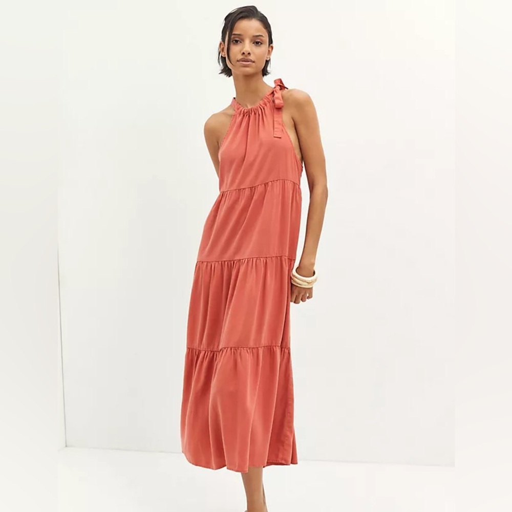 Anthropologie Cloth and Stone Tiered Halter Midi Dress Brown Rust Color Size S